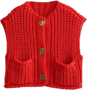 Womens Crochet Knit Top Sleeveless Button Down Crop Top Open Front Sweater Cardigan Vest with Pockets