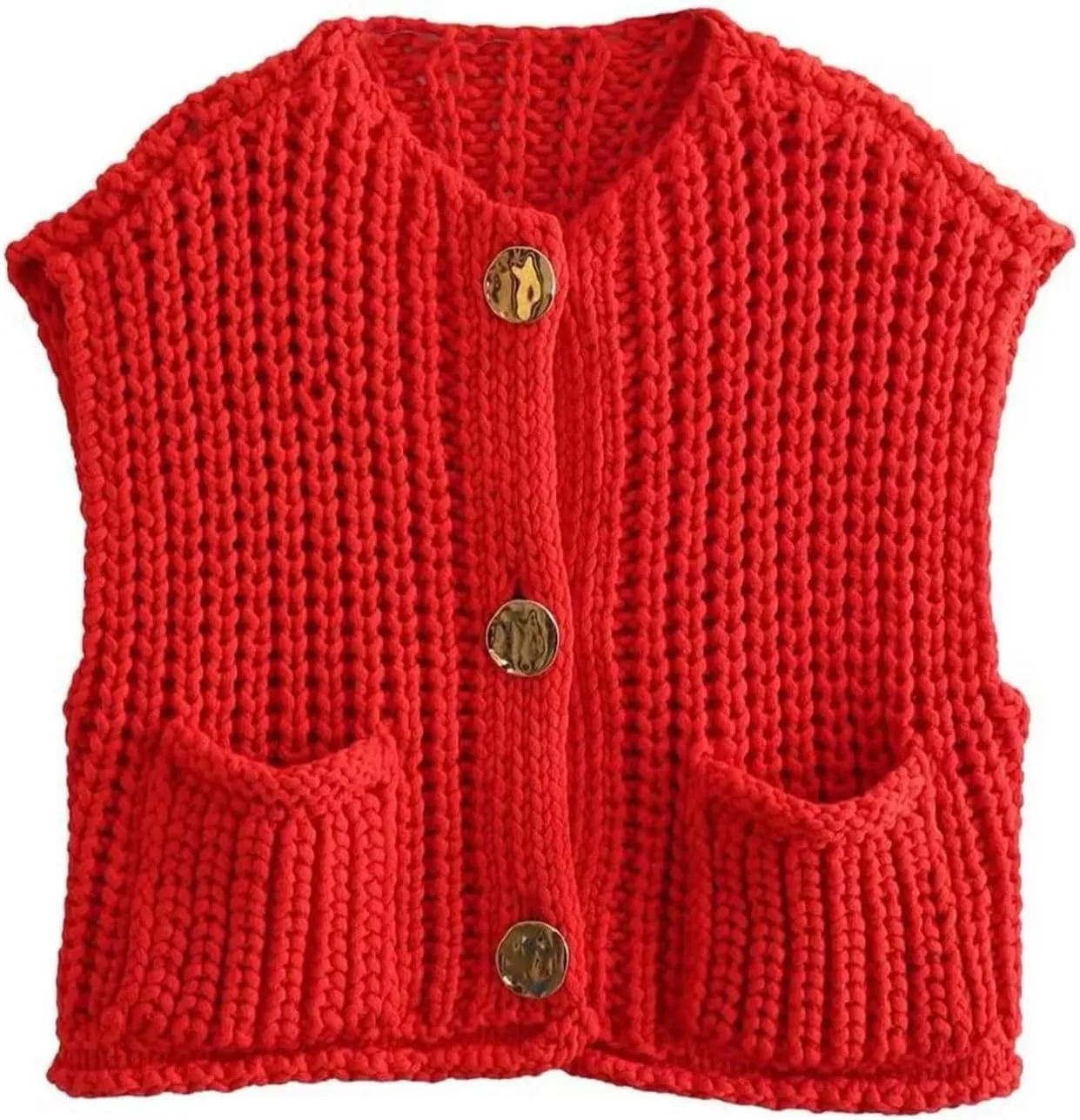 Womens Crochet Knit Top Sleeveless Button Down Crop Top Open Front Sweater Cardigan Vest with Pockets