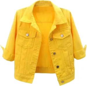 Women's Cropped Denim Jacket 3/4 Sleeve Short Jean Jacket Button Down Retro Lightweight Trucker Coat