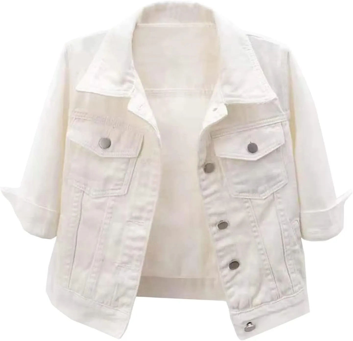 Women's Cropped Denim Jacket 3/4 Sleeve Short Jean Jacket Button Down Retro Lightweight Trucker Coat