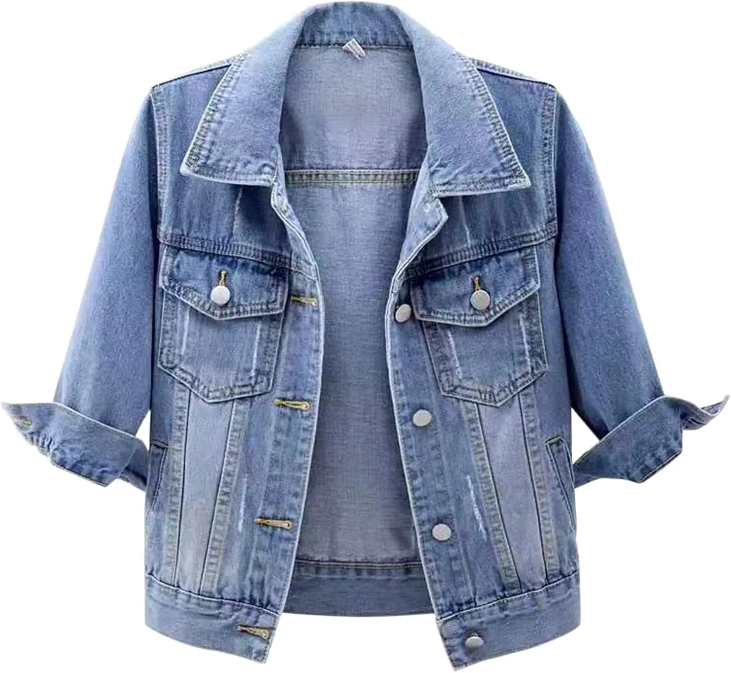 Women's Cropped Denim Jacket 3/4 Sleeve Short Jean Jacket Button Down Retro Lightweight Trucker Coat