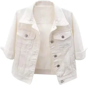 Women's Cropped Denim Jacket 3/4 Sleeve Short Jean Jacket Button Down Retro Lightweight Trucker Coat