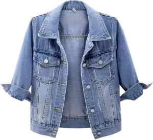 Women's Cropped Denim Jacket 3/4 Sleeve Short Jean Jacket Button Down Retro Lightweight Trucker Coat