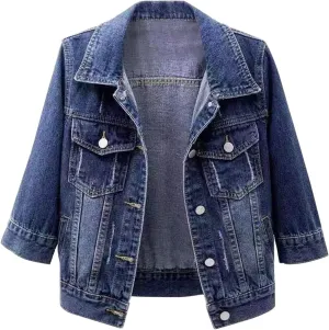 Women's Cropped Denim Jacket 3/4 Sleeve Short Jean Jacket Button Down Retro Lightweight Trucker Coat