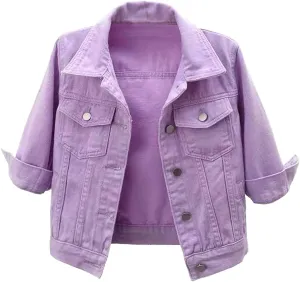 Women's Cropped Denim Jacket 3/4 Sleeve Short Jean Jacket Button Down Retro Lightweight Trucker Coat