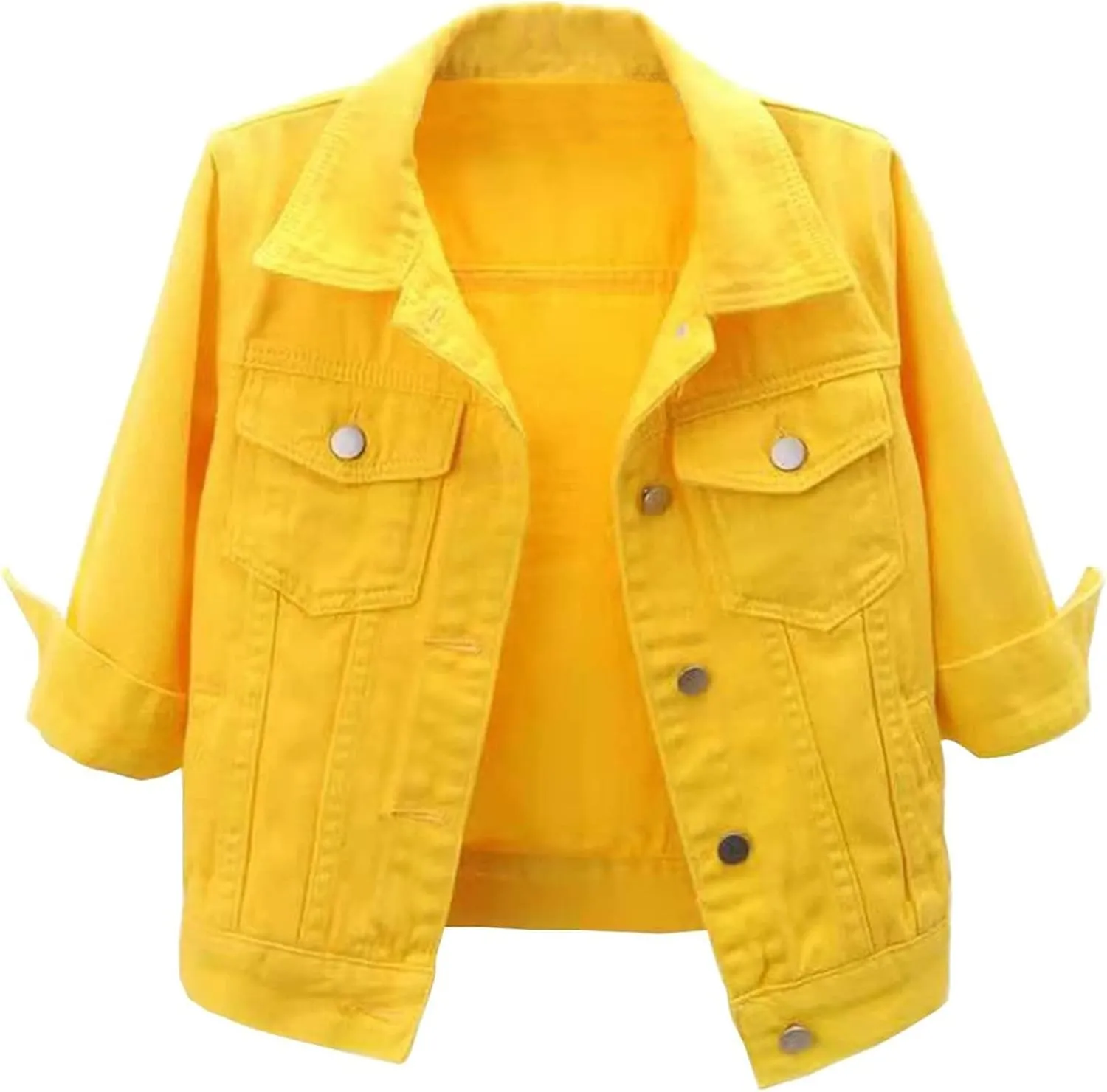 Women's Cropped Denim Jacket 3/4 Sleeve Short Jean Jacket Button Down Retro Lightweight Trucker Coat