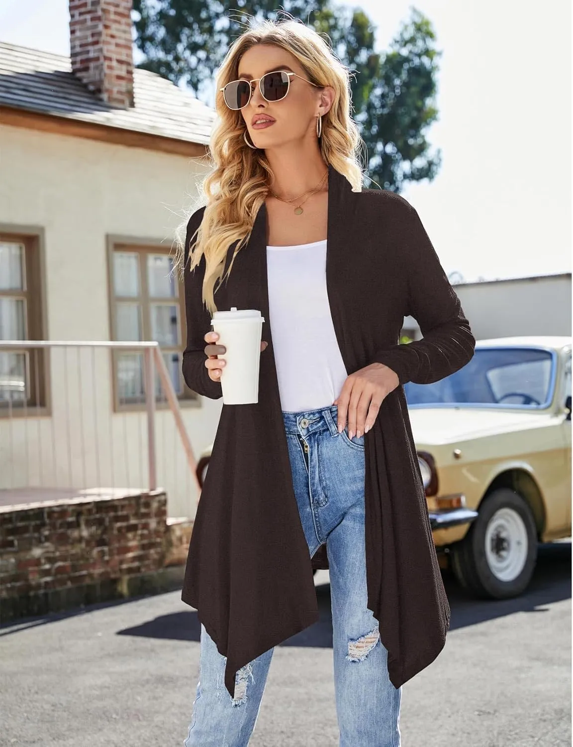 Women's Draped Front Open Cardigan Casual Long Sleeve Lightweight Cardigan Sweaters Duster