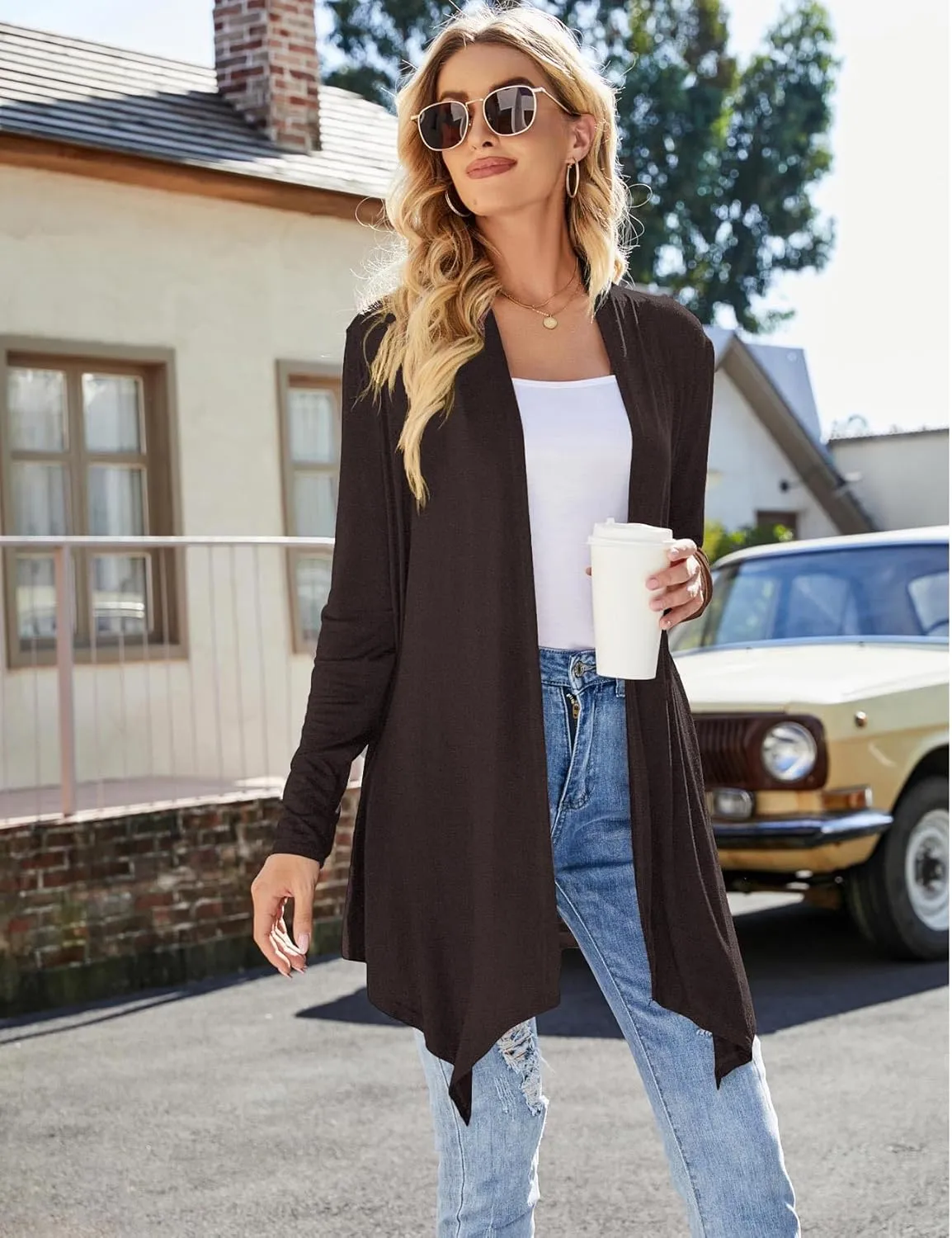 Women's Draped Front Open Cardigan Casual Long Sleeve Lightweight Cardigan Sweaters Duster