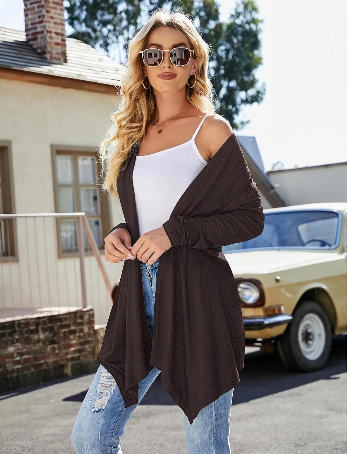 Women's Draped Front Open Cardigan Casual Long Sleeve Lightweight Cardigan Sweaters Duster