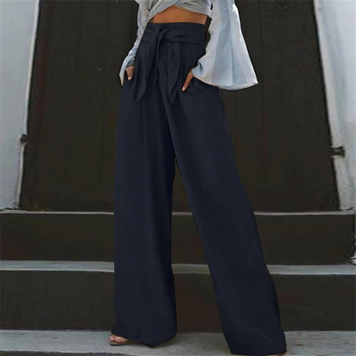 Women's Drawstring Wide Leg Lounge Pants Cotton Linen Summer High Waisted Flowy Casual Trousers Palazzo Loose Pants