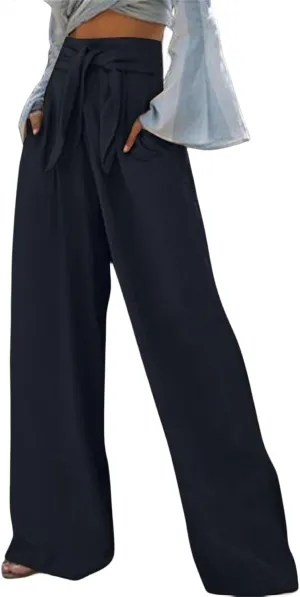 Women's Drawstring Wide Leg Lounge Pants Cotton Linen Summer High Waisted Flowy Casual Trousers Palazzo Loose Pants
