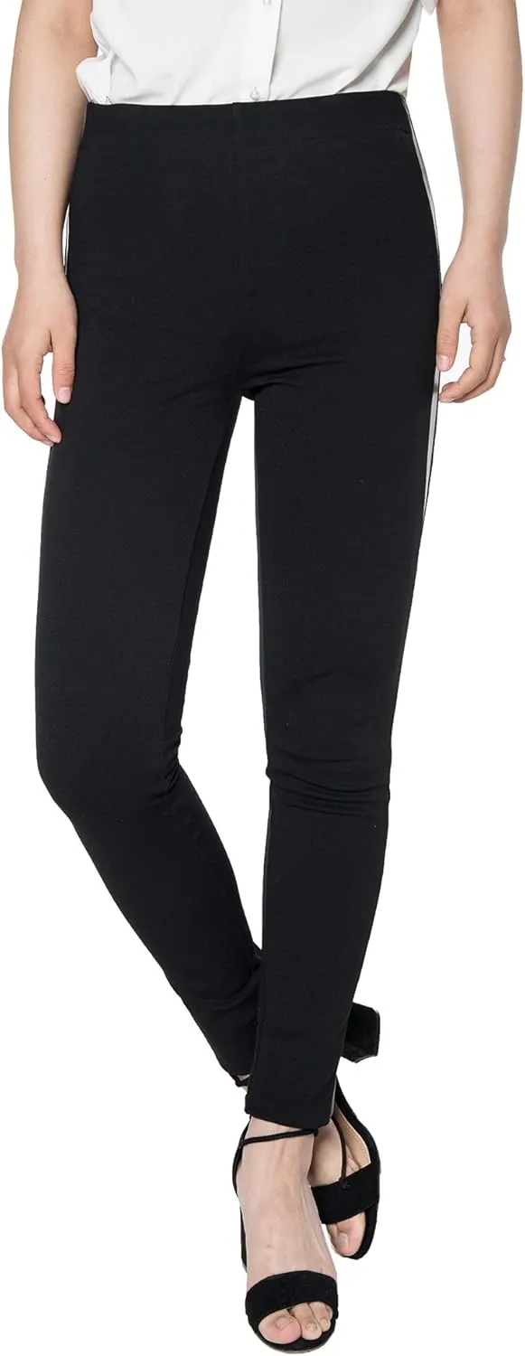 Women's Dress Pants Black Tuxedo Work Pants Stretch Skinny Slacks with Leather Stripe for Casual Business Office