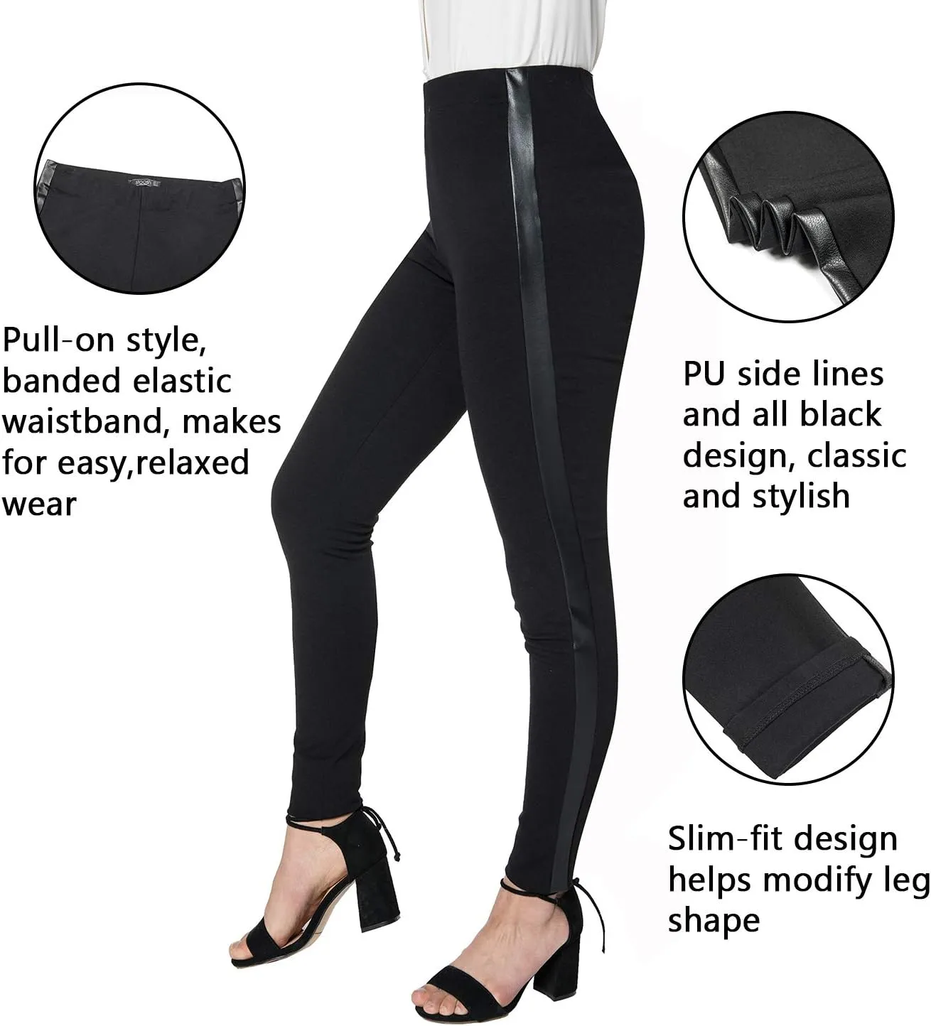 Women's Dress Pants Black Tuxedo Work Pants Stretch Skinny Slacks with Leather Stripe for Casual Business Office