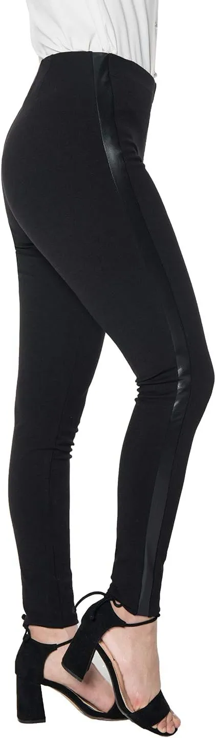 Women's Dress Pants Black Tuxedo Work Pants Stretch Skinny Slacks with Leather Stripe for Casual Business Office