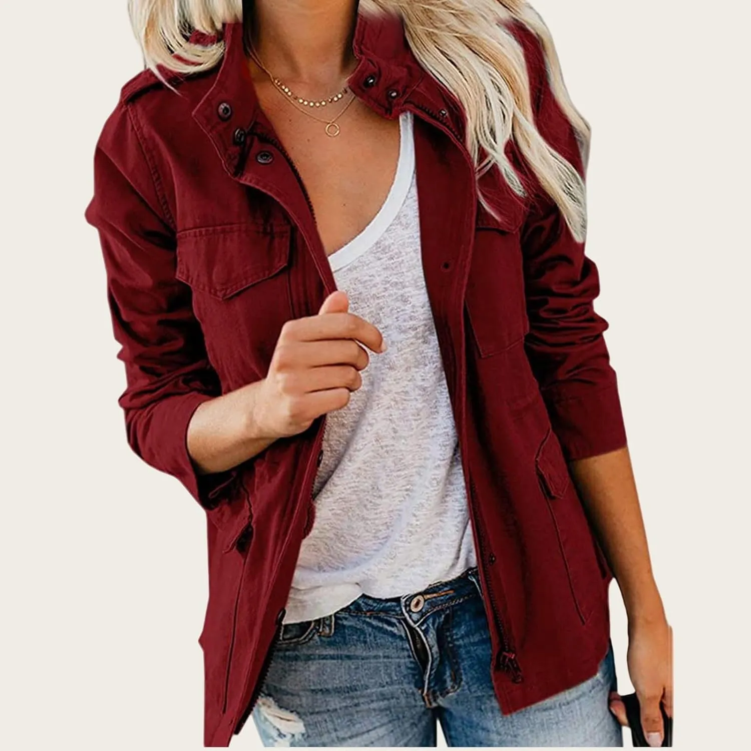 Womens Fall Jackets Military Anorak Jackets Lightweight Cargo Jacket Snap Buttons Parka Safari Utility Coats Pockets
