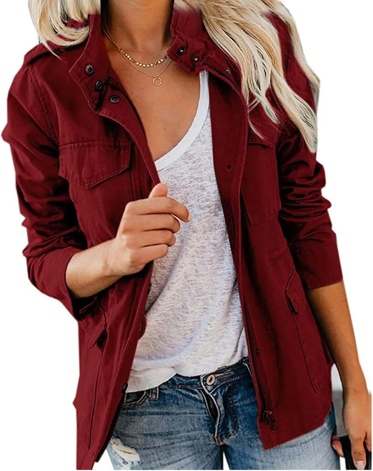 Womens Fall Jackets Military Anorak Jackets Lightweight Cargo Jacket Snap Buttons Parka Safari Utility Coats Pockets