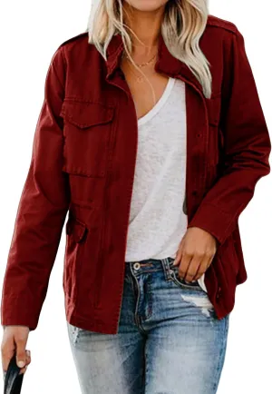 Womens Fall Jackets Military Anorak Jackets Lightweight Cargo Jacket Snap Buttons Parka Safari Utility Coats Pockets