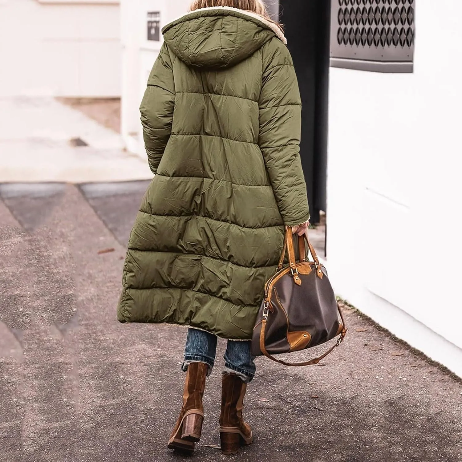 Womens Fashion Solid Long Fleece Coats with Pockets Zipper Warm Slim Outwear Reversible Hooded Winter Outdoor Overcoat