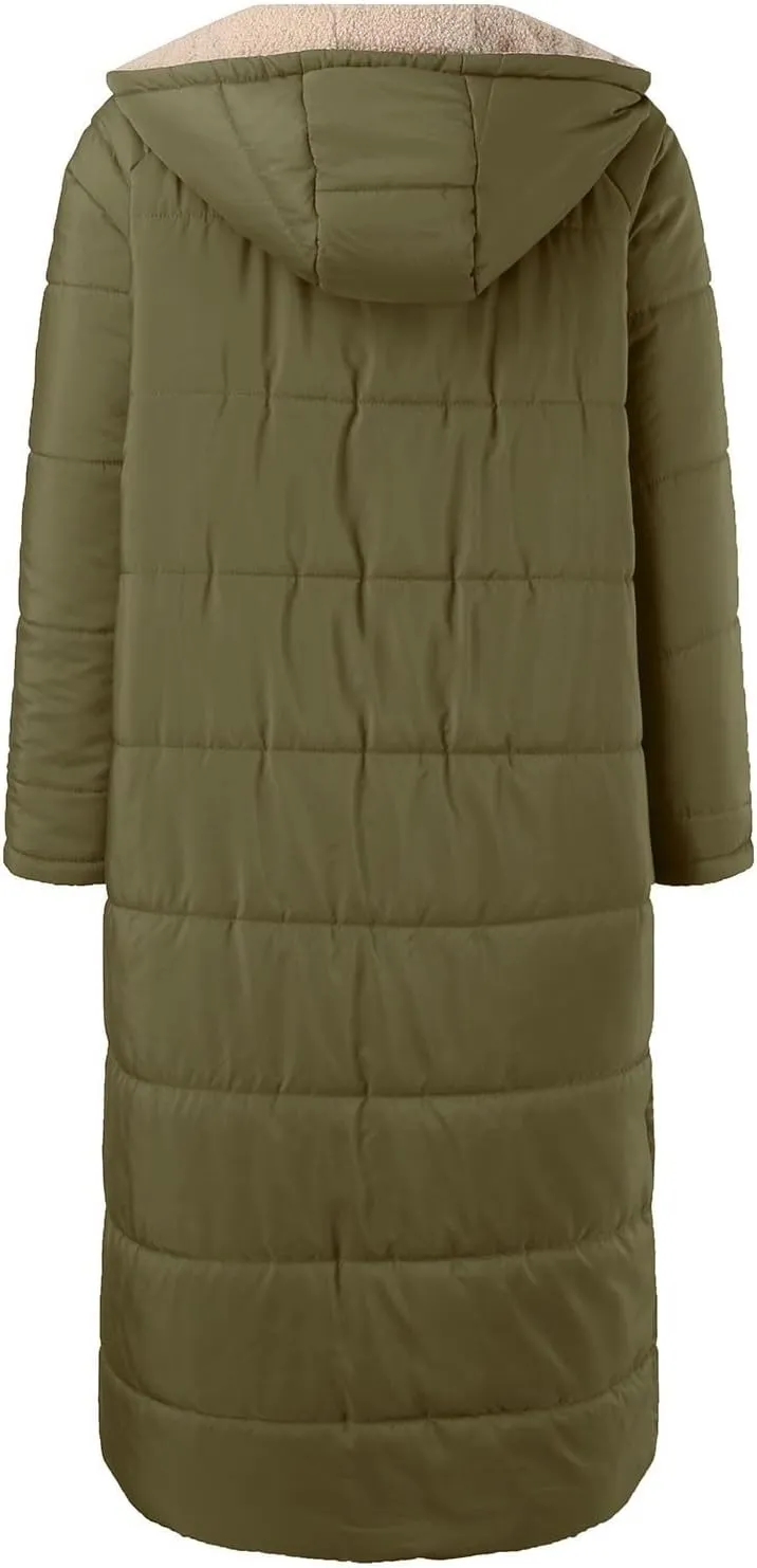 Womens Fashion Solid Long Fleece Coats with Pockets Zipper Warm Slim Outwear Reversible Hooded Winter Outdoor Overcoat