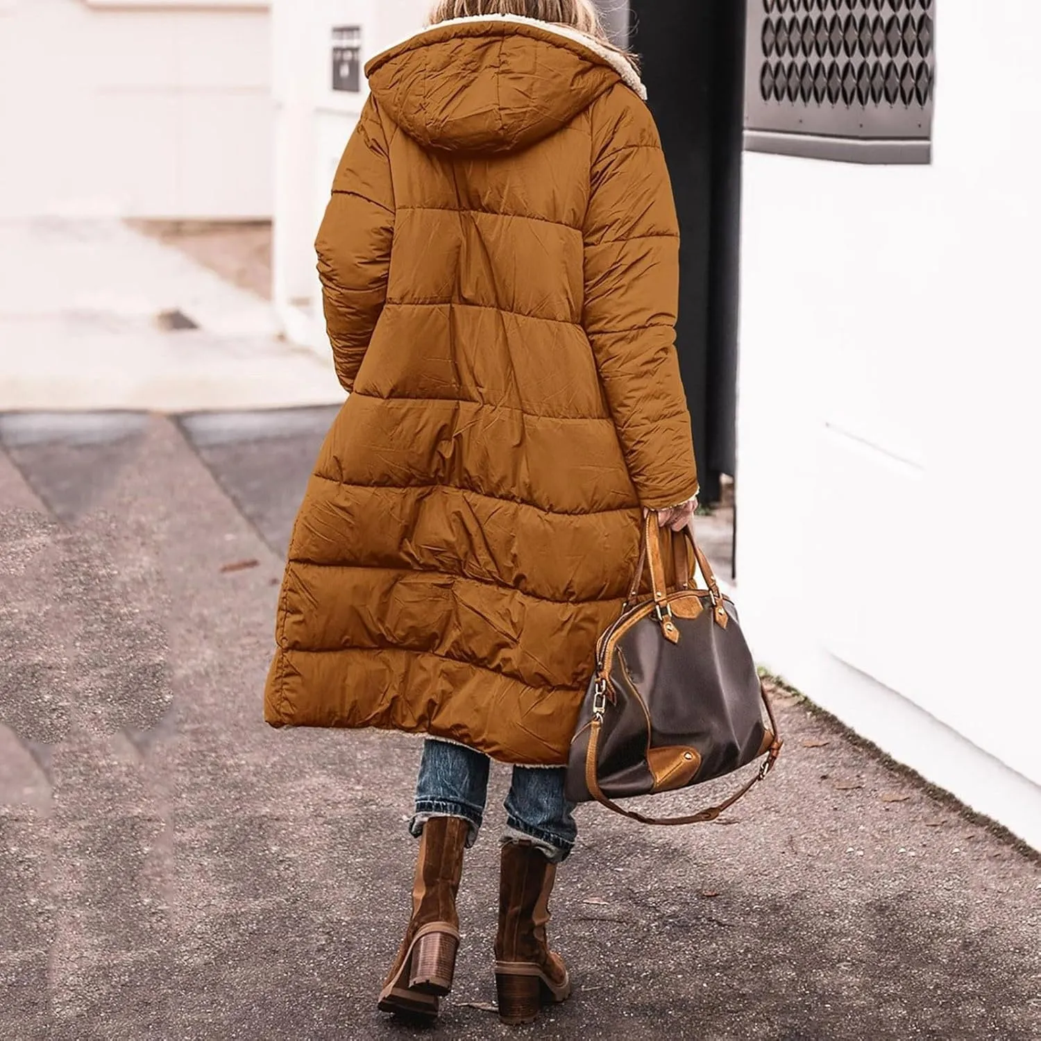 Womens Fashion Solid Long Fleece Coats with Pockets Zipper Warm Slim Outwear Reversible Hooded Winter Outdoor Overcoat