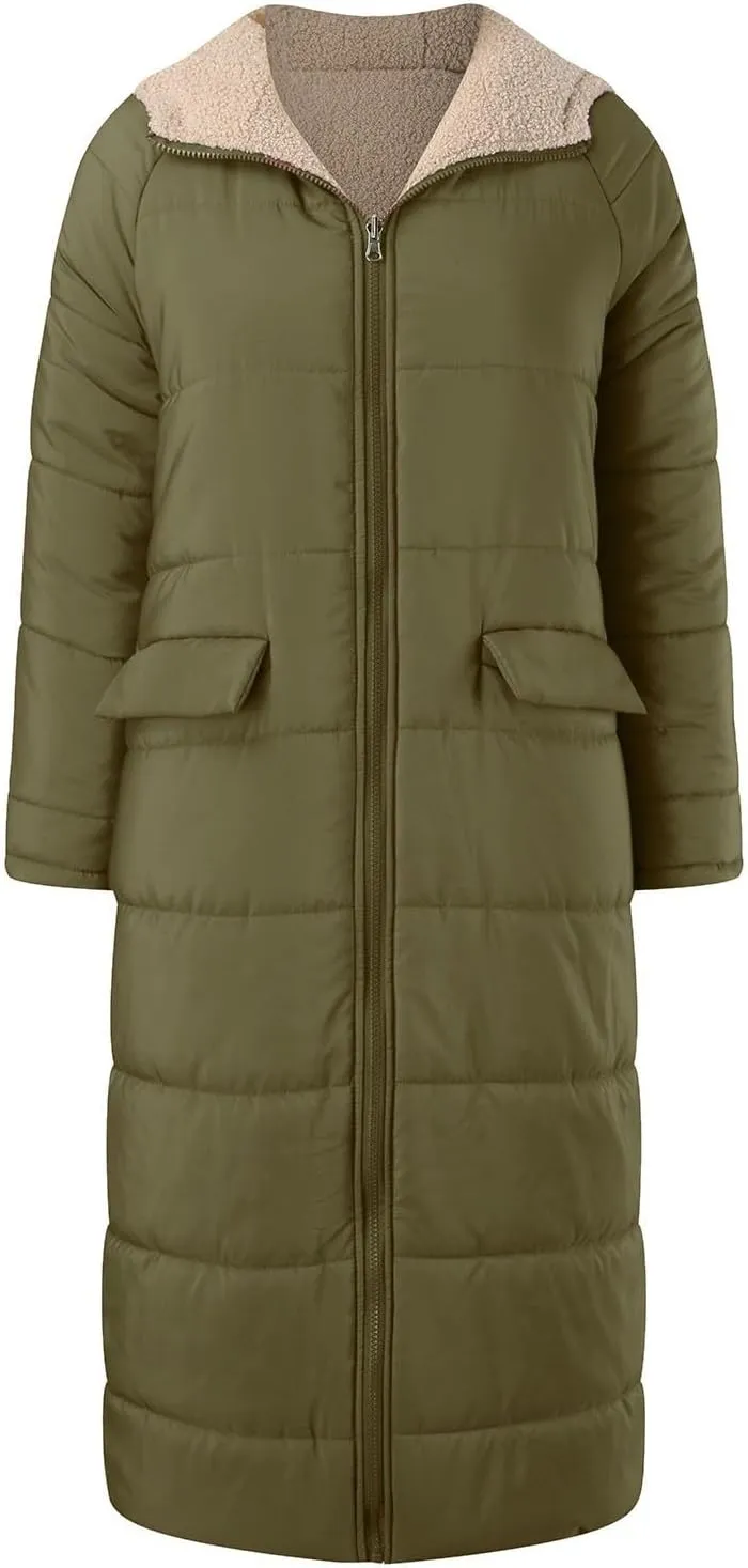 Womens Fashion Solid Long Fleece Coats with Pockets Zipper Warm Slim Outwear Reversible Hooded Winter Outdoor Overcoat
