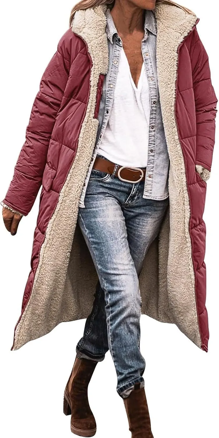 Womens Fashion Solid Long Fleece Coats with Pockets Zipper Warm Slim Outwear Reversible Hooded Winter Outdoor Overcoat