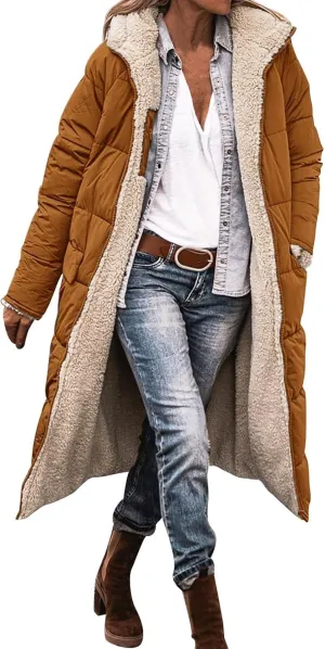 Womens Fashion Solid Long Fleece Coats with Pockets Zipper Warm Slim Outwear Reversible Hooded Winter Outdoor Overcoat