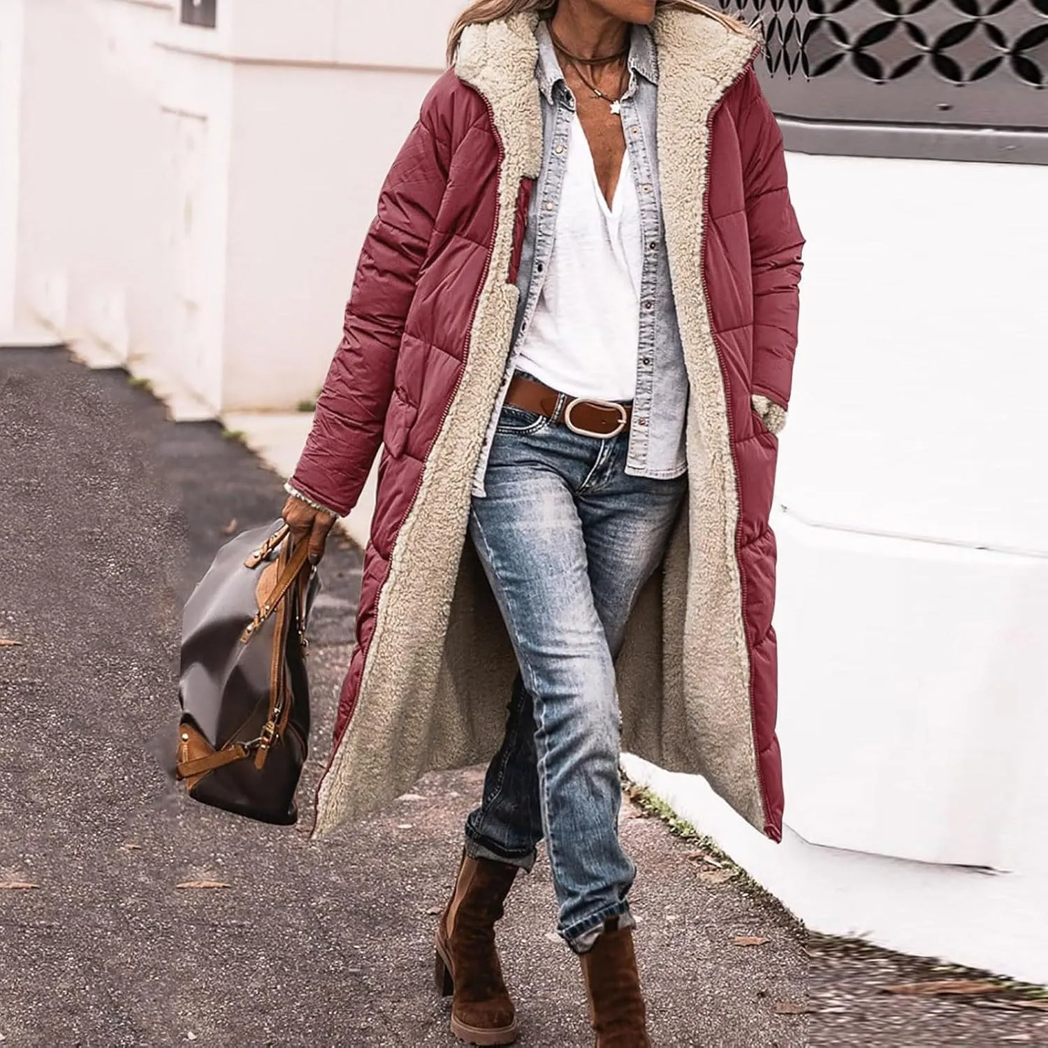 Womens Fashion Solid Long Fleece Coats with Pockets Zipper Warm Slim Outwear Reversible Hooded Winter Outdoor Overcoat