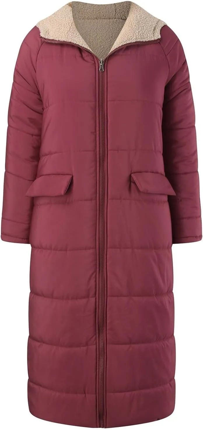 Womens Fashion Solid Long Fleece Coats with Pockets Zipper Warm Slim Outwear Reversible Hooded Winter Outdoor Overcoat