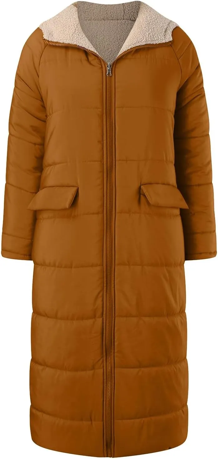Womens Fashion Solid Long Fleece Coats with Pockets Zipper Warm Slim Outwear Reversible Hooded Winter Outdoor Overcoat