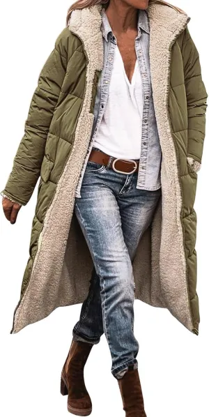 Womens Fashion Solid Long Fleece Coats with Pockets Zipper Warm Slim Outwear Reversible Hooded Winter Outdoor Overcoat