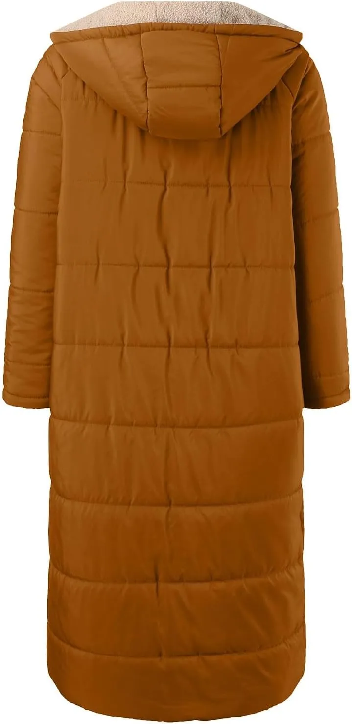 Womens Fashion Solid Long Fleece Coats with Pockets Zipper Warm Slim Outwear Reversible Hooded Winter Outdoor Overcoat