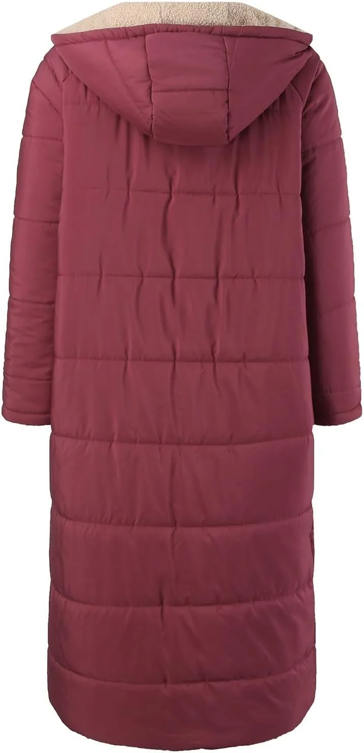 Womens Fashion Solid Long Fleece Coats with Pockets Zipper Warm Slim Outwear Reversible Hooded Winter Outdoor Overcoat