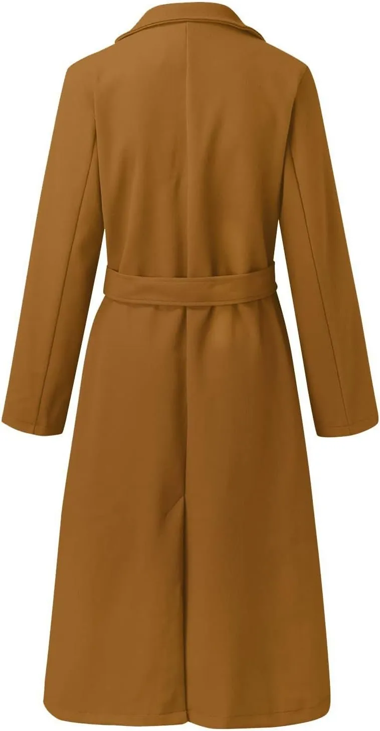 Women's Faux Wool Coat Blouse Thin Coat Trench Long Jacket Ladies Slim Long Belt Elegant Overcoat Ladies Fashion
