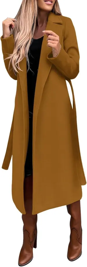 Women's Faux Wool Coat Blouse Thin Coat Trench Long Jacket Ladies Slim Long Belt Elegant Overcoat Ladies Fashion
