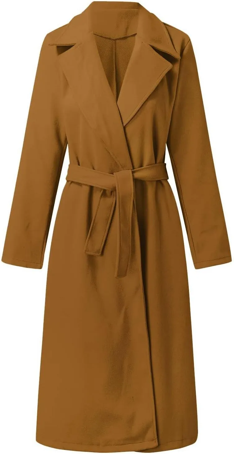 Women's Faux Wool Coat Blouse Thin Coat Trench Long Jacket Ladies Slim Long Belt Elegant Overcoat Ladies Fashion