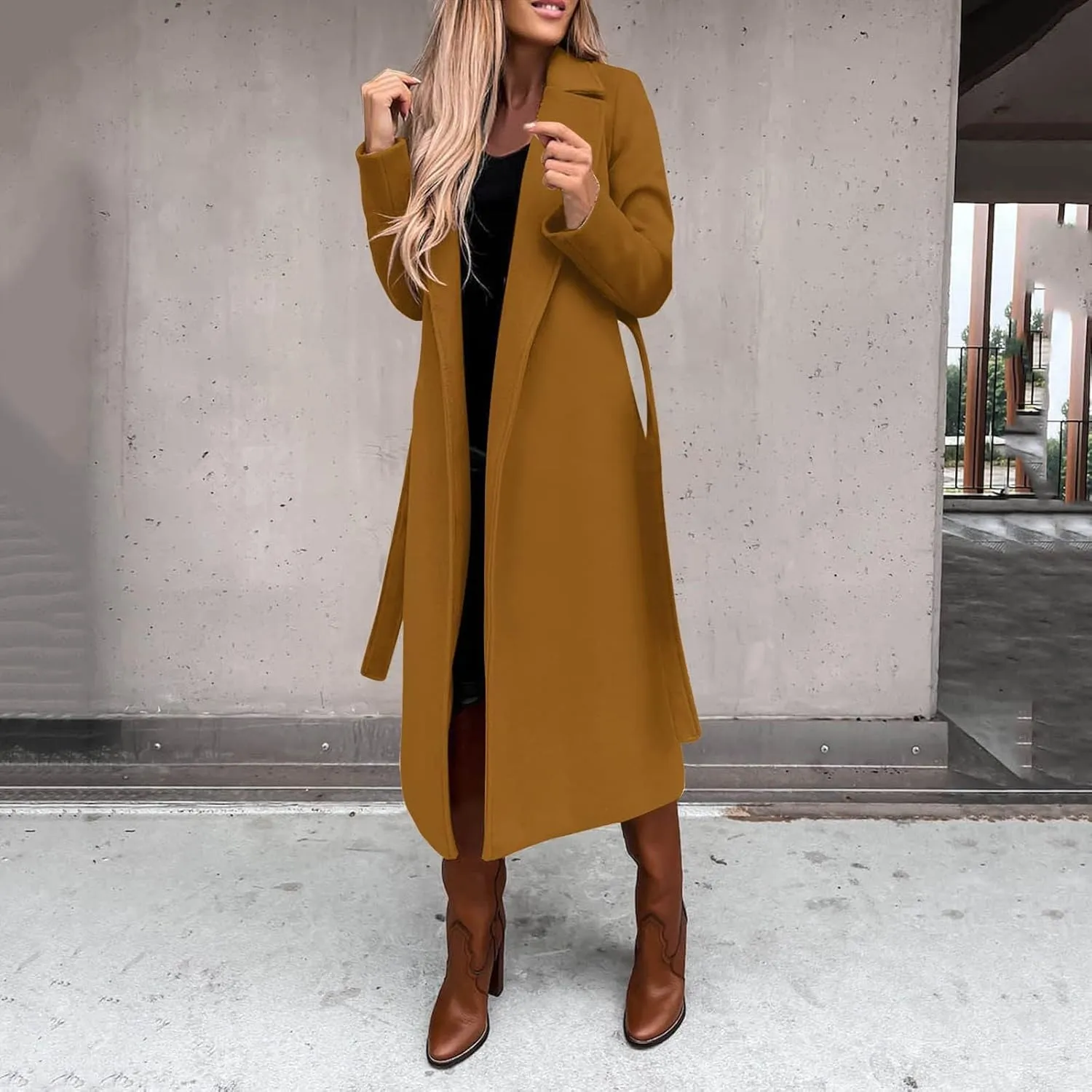Women's Faux Wool Coat Blouse Thin Coat Trench Long Jacket Ladies Slim Long Belt Elegant Overcoat Ladies Fashion