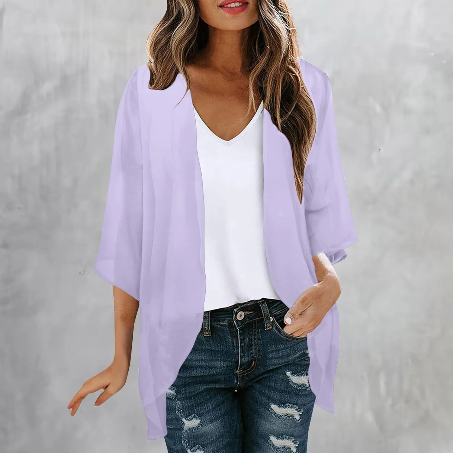 Womens Floral Print Puff Sleeve Kimono Cardigan Loose Coverup Solid Color Casual Summer Fashion Tops Swimwear 2025