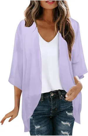 Womens Floral Print Puff Sleeve Kimono Cardigan Loose Coverup Solid Color Casual Summer Fashion Tops Swimwear 2025