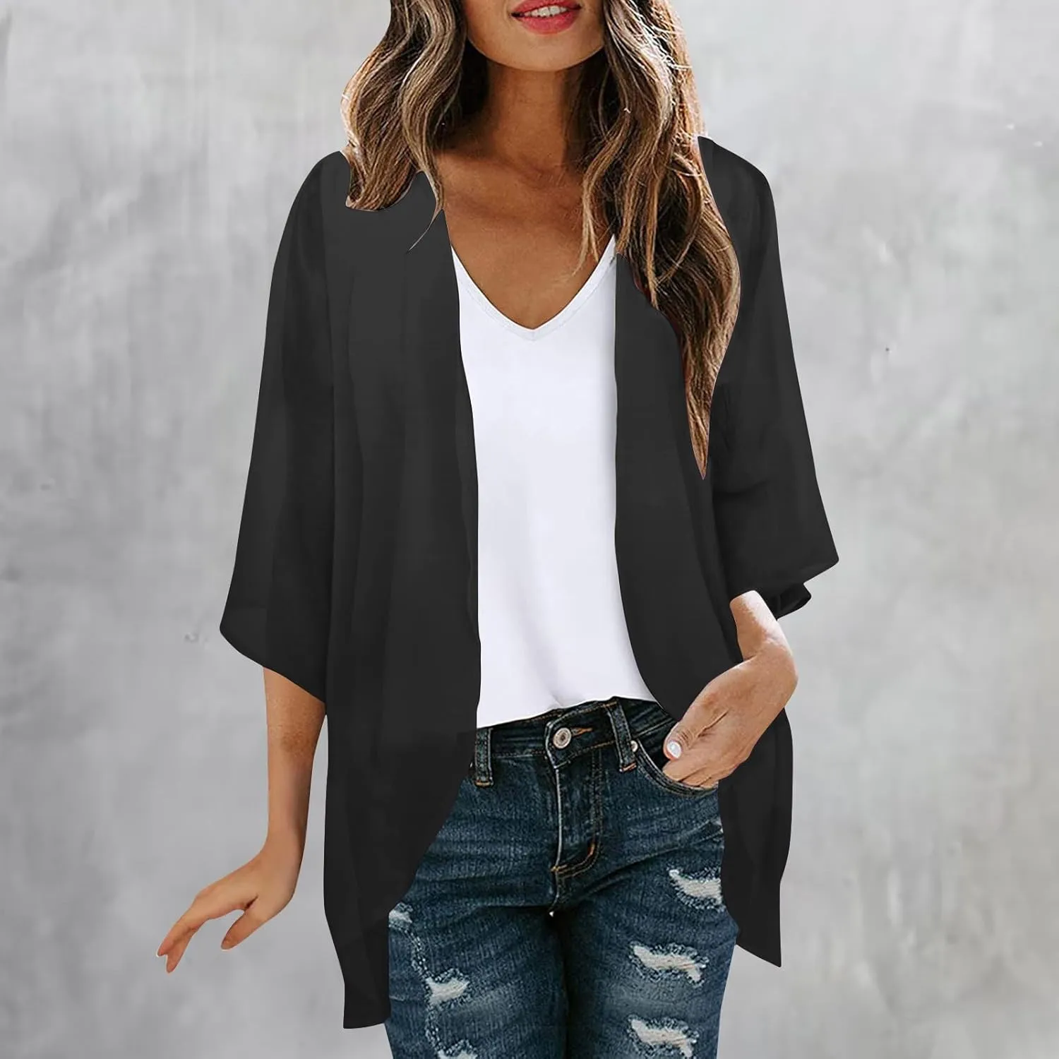 Womens Floral Print Puff Sleeve Kimono Cardigan Loose Coverup Solid Color Casual Summer Fashion Tops Swimwear 2025