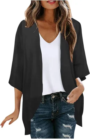 Womens Floral Print Puff Sleeve Kimono Cardigan Loose Coverup Solid Color Casual Summer Fashion Tops Swimwear 2025