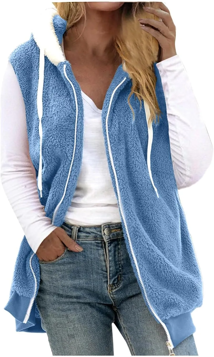 Womens Fuzzy Fleece Vest with Hood, Casual Warm Cozy Sleeveless Sweaters Vests Zip up Sherpa Vest Jackets Outerwear