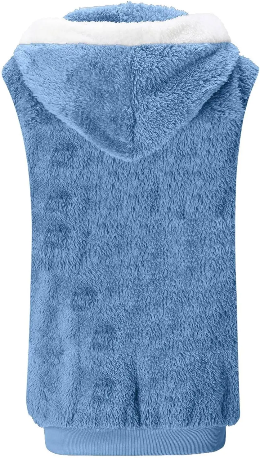 Womens Fuzzy Fleece Vest with Hood, Casual Warm Cozy Sleeveless Sweaters Vests Zip up Sherpa Vest Jackets Outerwear