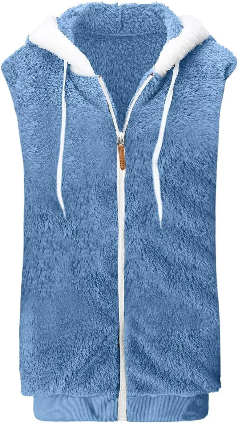 Womens Fuzzy Fleece Vest with Hood, Casual Warm Cozy Sleeveless Sweaters Vests Zip up Sherpa Vest Jackets Outerwear