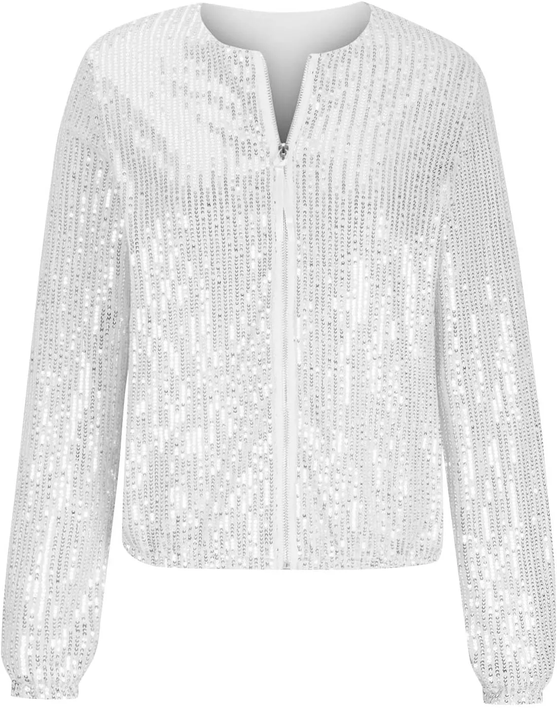 Womens Glitter Sequin Jacket Sparkly Long Sleeve Collarless Front Zip Casual Blazer Bomber Jackets Going Out Party Coat