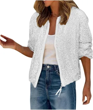 Womens Glitter Sequin Jacket Sparkly Long Sleeve Collarless Front Zip Casual Blazer Bomber Jackets Going Out Party Coat