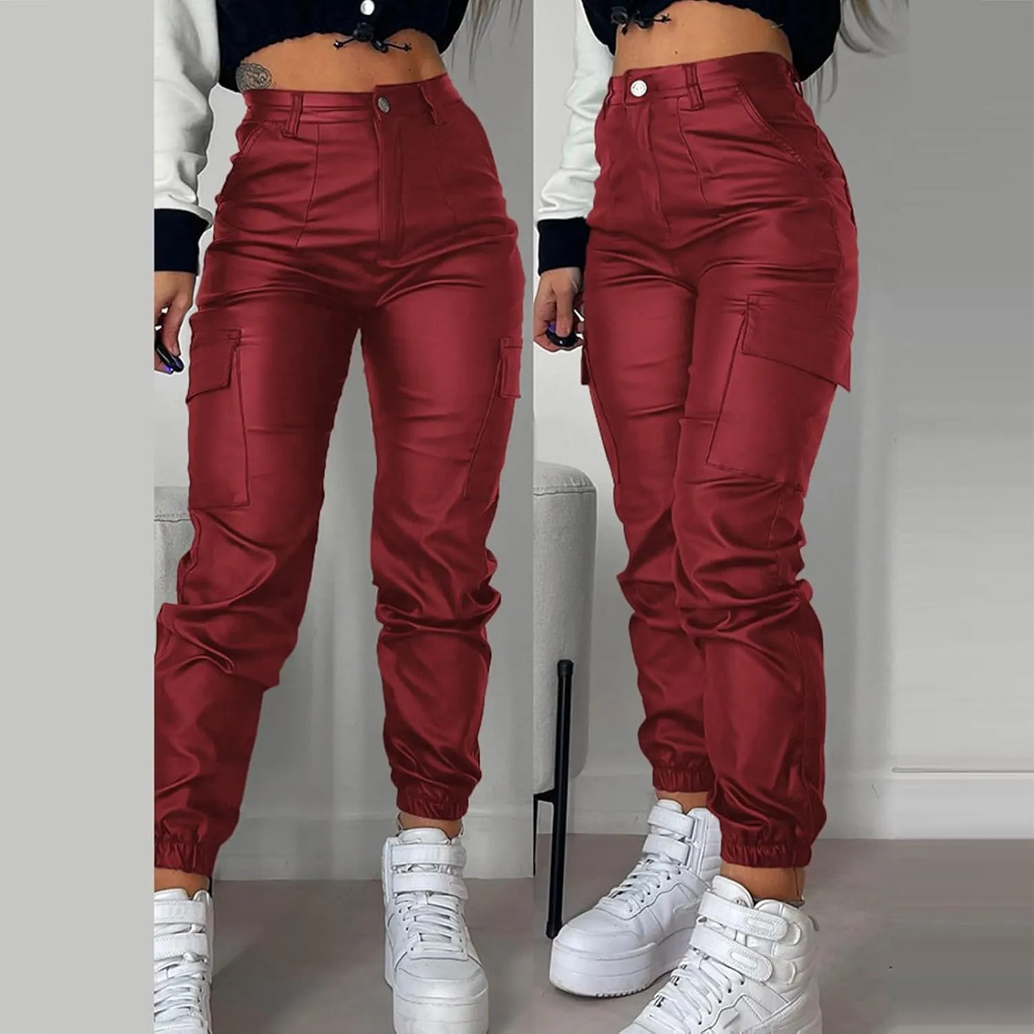 Womens Hight Waisted Stretch Faux Leather Pants PU Coated Moto Biker Legging Baggy Jogger Cargo Pants with Pockets