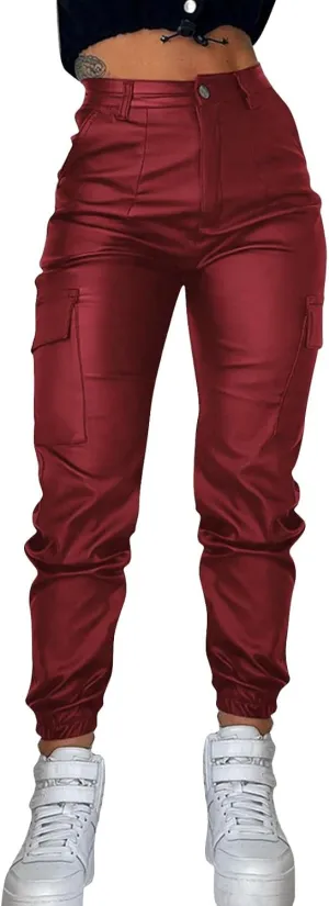 Womens Hight Waisted Stretch Faux Leather Pants PU Coated Moto Biker Legging Baggy Jogger Cargo Pants with Pockets