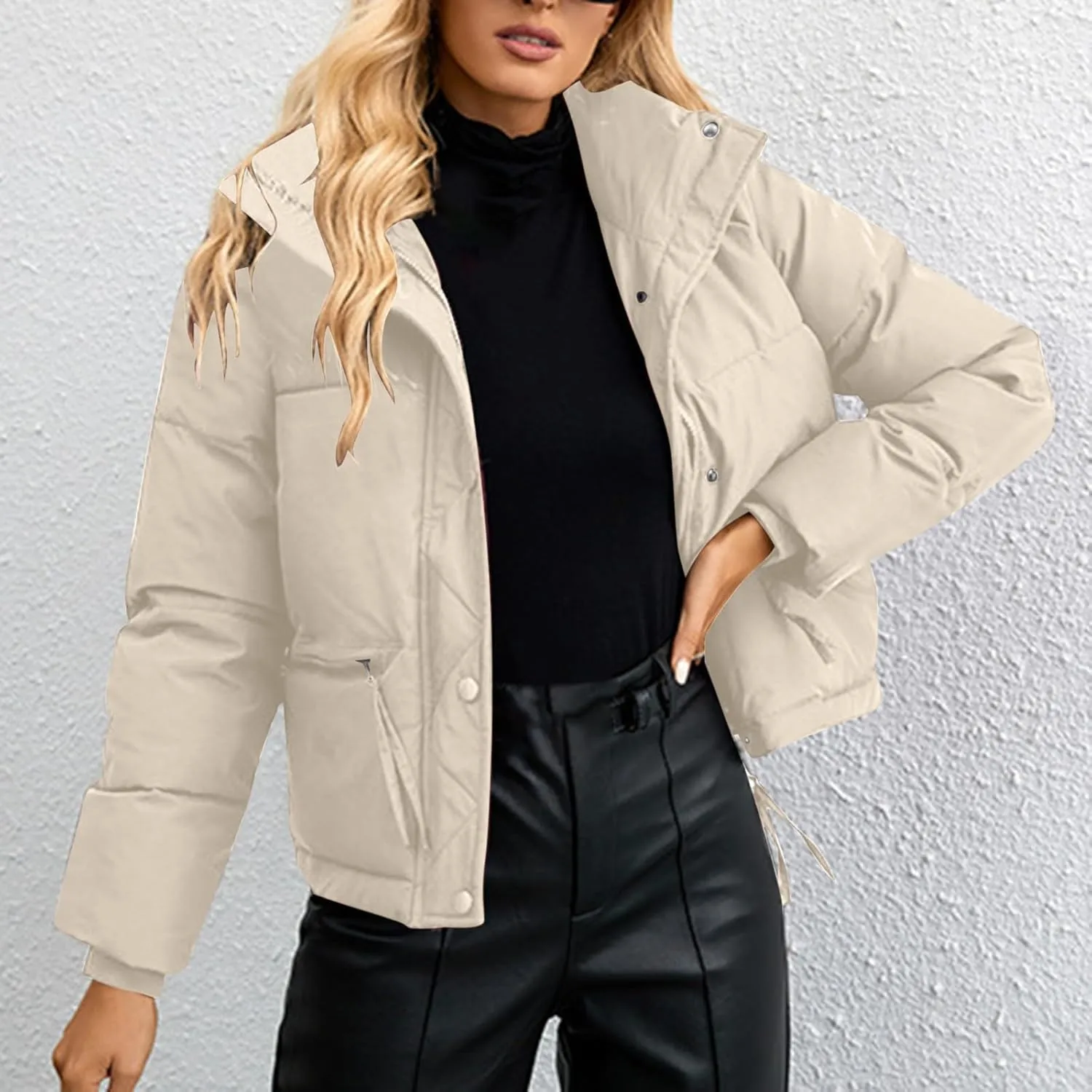Women's Hiking Puffer Down Jacket Long Sleeve Zip Up Cropped Coat Ski Jackets Winter Lightweight Warm Quilted Outerwear