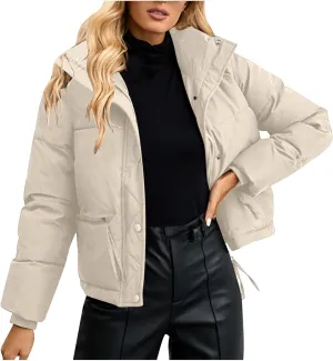 Women's Hiking Puffer Down Jacket Long Sleeve Zip Up Cropped Coat Ski Jackets Winter Lightweight Warm Quilted Outerwear